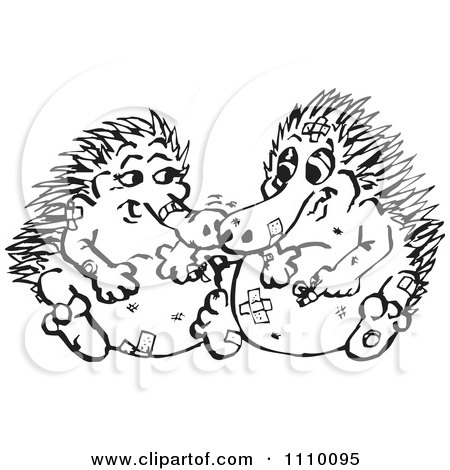 Clipart Black And White Aussie Echidna Couple With Bandages - Royalty Free Vector Illustration by Dennis Holmes Designs