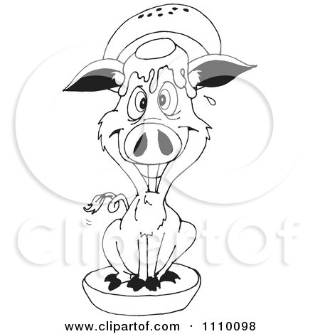 Clipart Black And White Pig In A Bun - Royalty Free Vector Illustration by Dennis Holmes Designs