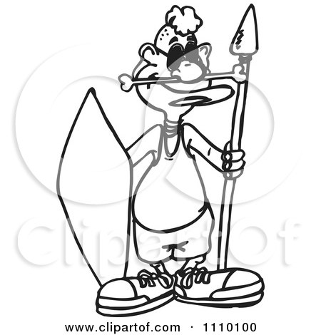 Clipart Black And White Aussie Pygmy Hunter With A Spear And Shield - Royalty Free Vector Illustration by Dennis Holmes Designs