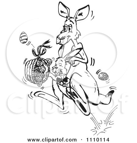 Clipart Black And White Aussie Kangaroo With An Easter Basket - Royalty Free Illustration by Dennis Holmes Designs