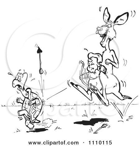 Clipart Black And White Aussie Kangaroo And Cupid Shooting A Turtle - Royalty Free Illustration by Dennis Holmes Designs