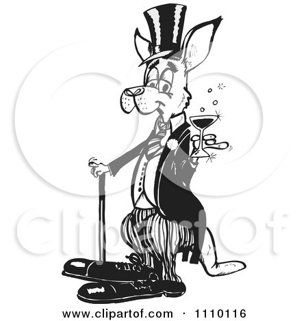 Clipart Black And White Aussie Kangaroo In A Tux Holding Champagne - Royalty Free Illustration by Dennis Holmes Designs