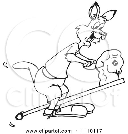 Clipart Black And White Aussie Kangaroo Playing With A Stick Horse - Royalty Free Illustration by Dennis Holmes Designs