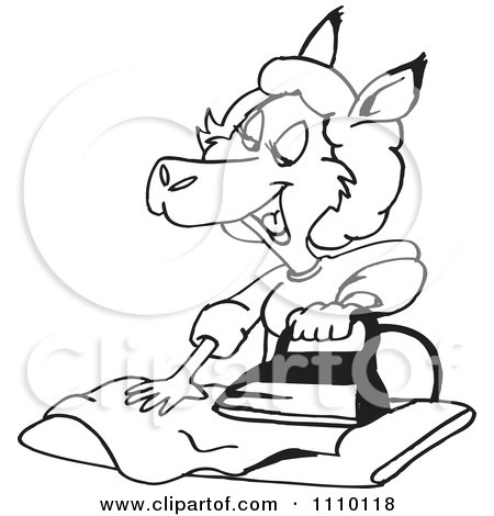 Clipart Black And White Aussie Kangaroo Ironing - Royalty Free Illustration by Dennis Holmes Designs