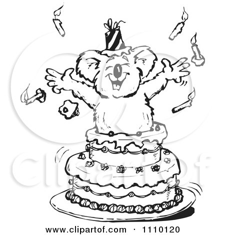 Clipart Black And White Aussie Koala Popping Out Of A Surprise Birthday Cake - Royalty Free Illustration by Dennis Holmes Designs