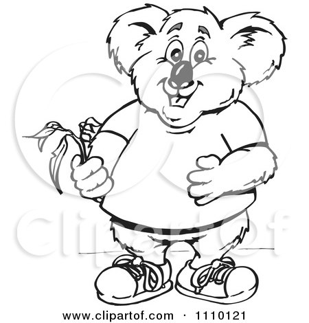 Clipart Black And White Aussie Koala Holding Gum Leaves - Royalty Free Illustration by Dennis Holmes Designs