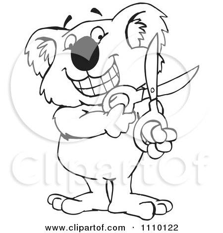 Clipart Black And White Aussie Koala With Scissors - Royalty Free Illustration by Dennis Holmes Designs