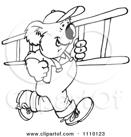 Clipart Black And White Aussie Koala Worker Carrying A Ladder - Royalty Free Illustration by Dennis Holmes Designs