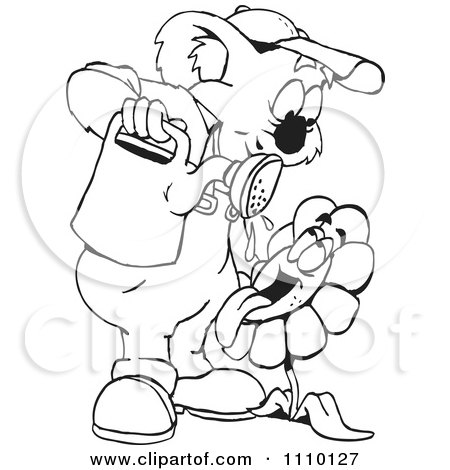 Clipart Black And White Aussie Koala Gardener Watering A Thirsty Flower - Royalty Free Illustration by Dennis Holmes Designs
