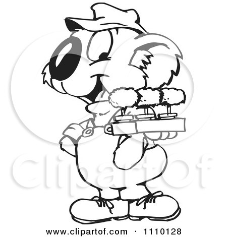 Clipart Black And White Aussie Koala Gardener With Seedlings - Royalty Free Illustration by Dennis Holmes Designs