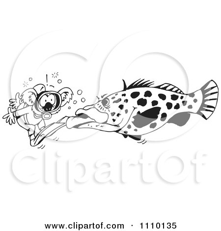 Clipart Black And White Aussie Koala Diver And Giant Fish - Royalty Free Illustration by Dennis Holmes Designs