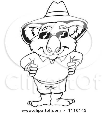 Clipart Black And White Aussie Koala In A Hat And Sunglasses - Royalty Free Illustration by Dennis Holmes Designs