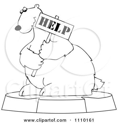 Clipart Outlined Cartoon Endangered Polar Bear Holding A Help Sign - Royalty Free Vector Illustration by djart