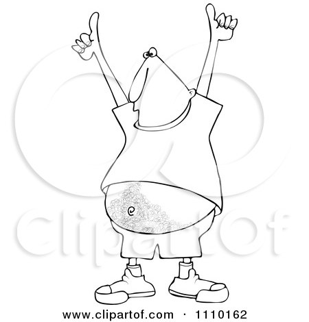 Clipart Outlined Cartoon Man Holding Two Thumbs Up High And Showing His Hairy Belly - Royalty Free Vector Illustration by djart