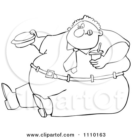 Clipart Outlined Cartoon Unhealthy Obese Man Eating A Hamburger And Holding A Soda - Royalty Free Vector Illustration by djart