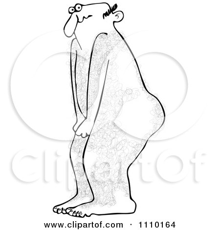 Clipart Outlined Cartoon Embarassed Naked Hairy Man Covering His Privates - Royalty Free Vector Illustration by djart