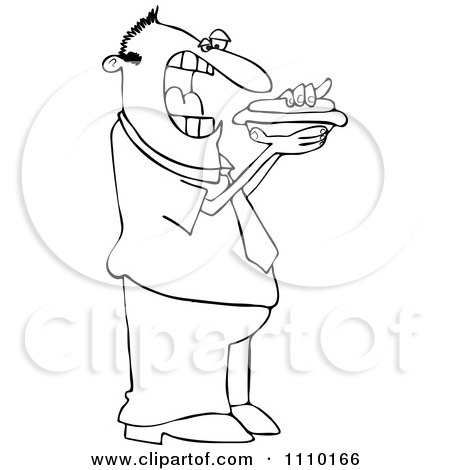 Clipart Outlined Cartoon Man Eating A Hot Dog - Royalty Free Vector Illustration by djart