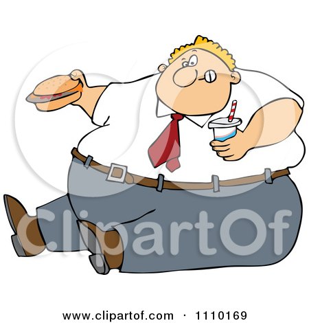 Clipart Cartoon Unhealthy Obese Man Eating A Hamburger And Holding A Soda - Royalty Free Vector Illustration by djart