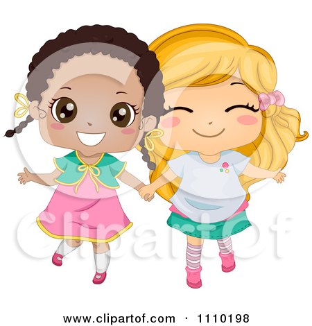 Clipart Cute Happy Best Friend Blond And Black Girls Holding Hands - Royalty Free Vector Illustration by BNP Design Studio