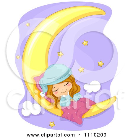Clipart Cute Girl Sleeping On A Crescent Moon Over A Purple Sky - Royalty Free Vector Illustration by BNP Design Studio