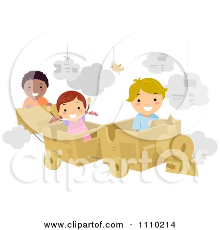 Clipart Happy Kids Playing With A Cardboard Train - Royalty Free Vector Illustration by BNP Design Studio