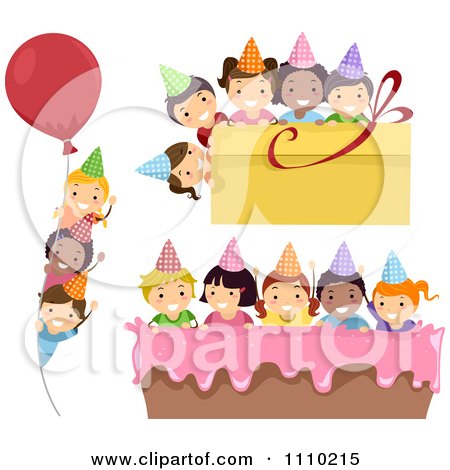 Clipart Diverse Happy Party Kids With Birthday Balloon Present And Cake Borders - Royalty Free Vector Illustration by BNP Design Studio
