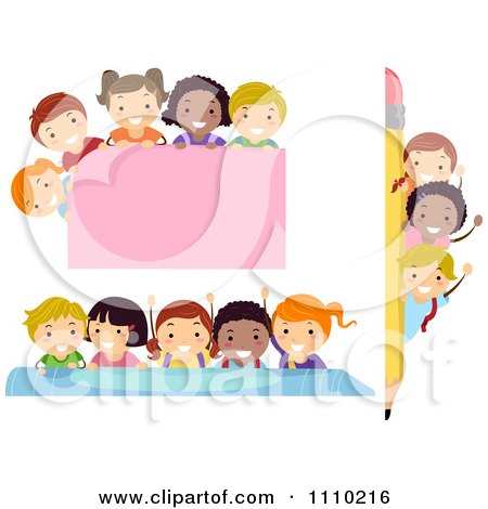 Clipart Diverse School Kids With Borders Rules And A Sign - Royalty Free Vector Illustration by BNP Design Studio