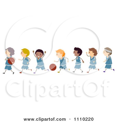 Clipart Line Of Diverse Happy Boys On A Basketball Team - Royalty Free Vector Illustration by BNP Design Studio