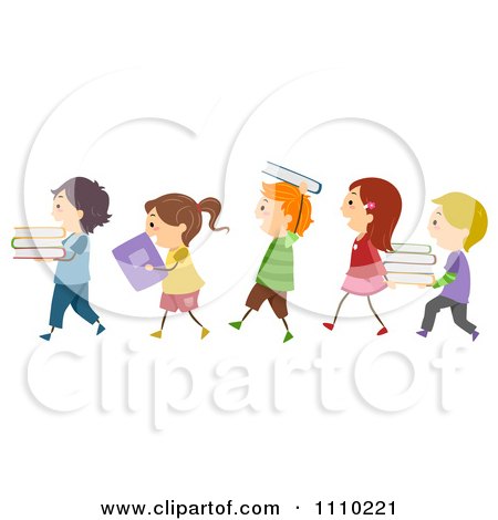 Clipart Line Of Diverse Happy Kids With Books - Royalty Free Vector Illustration by BNP Design Studio
