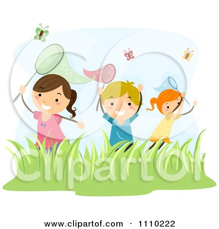 Clipart Happy Children Catching Butterflies Outdoors - Royalty Free Vector Illustration by BNP Design Studio