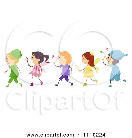 Clipart Line Of Happy Kids In Elf And Fairy Costumes - Royalty Free Vector Illustration by BNP Design Studio