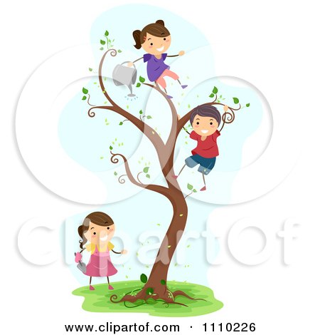Clipart Happy Children Watering Planting And Climbing A Magic Tree - Royalty Free Vector Illustration by BNP Design Studio