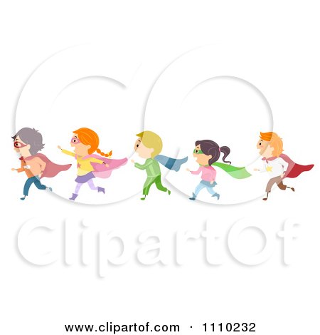 Clipart Line Of Diverse Happy Super Hero Kids - Royalty Free Vector Illustration by BNP Design Studio