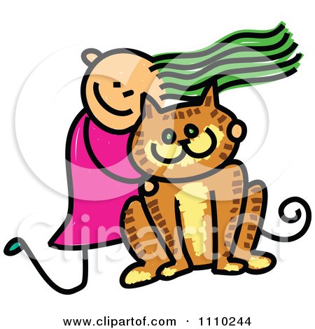 Clipart Sketched Stick Girl Hugging Her Giant Cat - Royalty Free Vector Illustration by Prawny