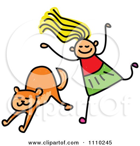 Clipart Sketched Stick Girl Running To Her Cat - Royalty Free Vector Illustration by Prawny