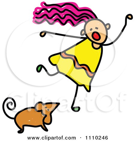 Clipart Sketched Stick Girl Running From A Mouse - Royalty Free Vector Illustration by Prawny