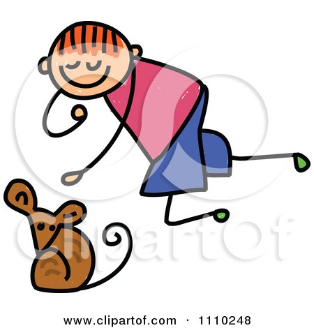 Clipart Sketched Stick Boy Petting A Mouse - Royalty Free Vector Illustration by Prawny