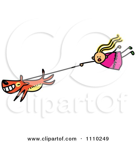 Clipart Sketched Stick Girl Flying Behind Her Dog On A Leash - Royalty Free Vector Illustration by Prawny