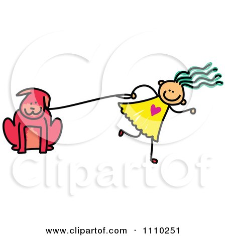 Clipart Sketched Stick Girl Trying To Walk Her Dog On A Leash - Royalty Free Vector Illustration by Prawny