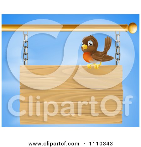 Clipart Happy Robin Bird Perched On A Wood Sign Against The Sky - Royalty Free Vector Illustration by AtStockIllustration