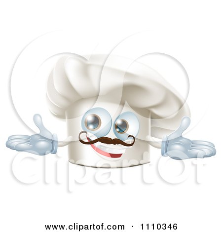 Clipart Happy Chef Hat Mascot With A Mustache Holding Out His Arms - Royalty Free Vector Illustration by AtStockIllustration
