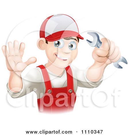 Clipart Happy Male Plumber Waving And Holding A Wrench - Royalty Free Vector Illustration by AtStockIllustration