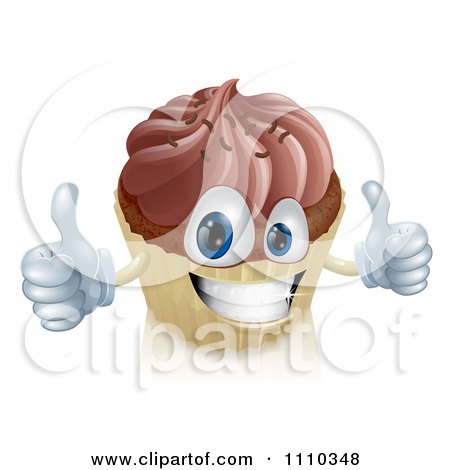 Clipart Happy Chocolate Frosted Cupcake Holding Two Thumbs Up - Royalty Free Vector Illustration by AtStockIllustration