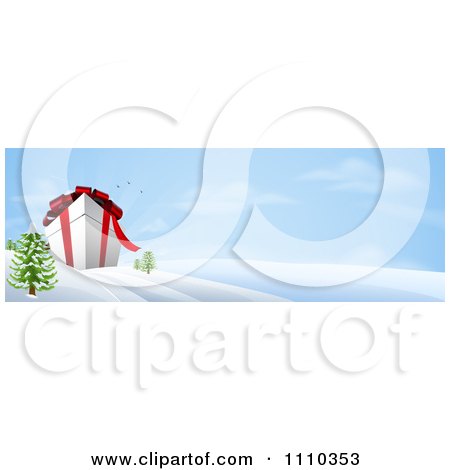 Clipart Banner Of A 3d Giant Christmas Gift Box In A Snowy Landscape - Royalty Free Vector Illustration by AtStockIllustration
