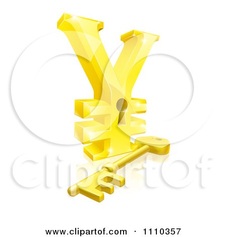 Clipart 3d Gold Yen Lock With A Skeleton Key And Reflection - Royalty Free Vector Illustration by AtStockIllustration