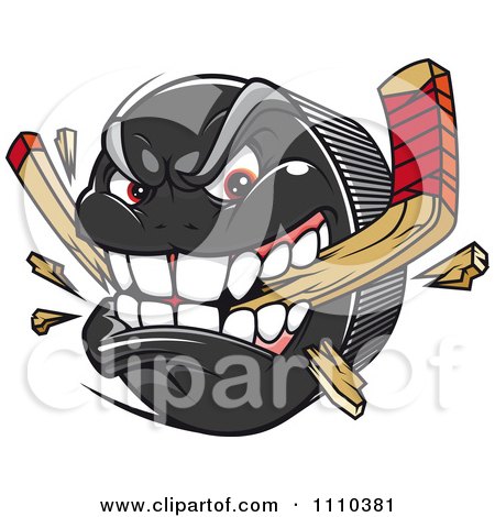 Clipart Aggressive Hockey Puck Biting And Snapping A Stick 2 - Royalty Free Vector Illustration by Vector Tradition SM