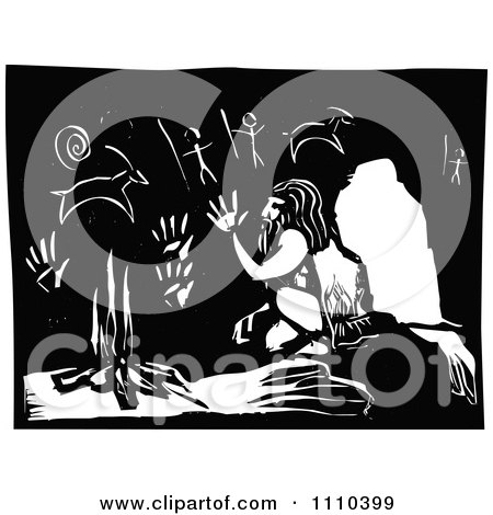Clipart Neanderthal Warming Up By A Fire In A Cave With Drawings Black And White Woodcut - Royalty Free Vector Illustration by xunantunich