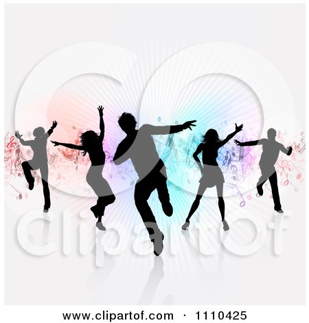 Clipart Silhouetted Dancers Over Rays And Music Notes On Gray - Royalty Free Vector Illustration by KJ Pargeter