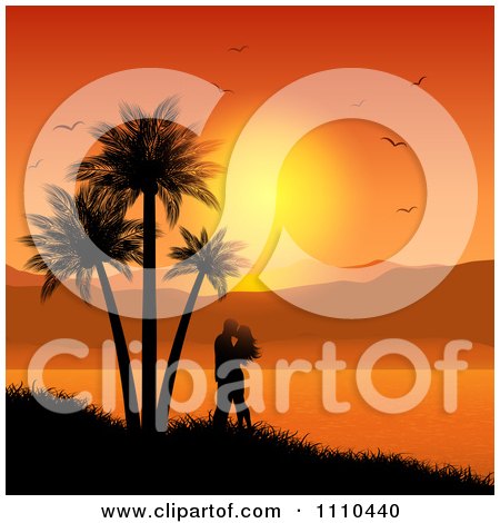 Clipart Honeymooning Couple Kissing Near Palm Trees Over A Tropical Bay At Sunset - Royalty Free Vector Illustration by KJ Pargeter