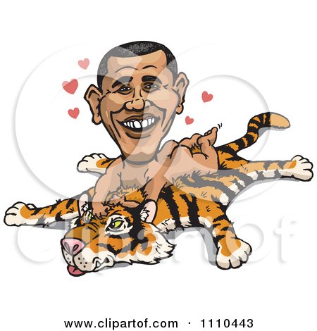 Clipart Caricature Of Barack Obama Nude On A Tiger Rug - Royalty Free Illustration by Dennis Holmes Designs
